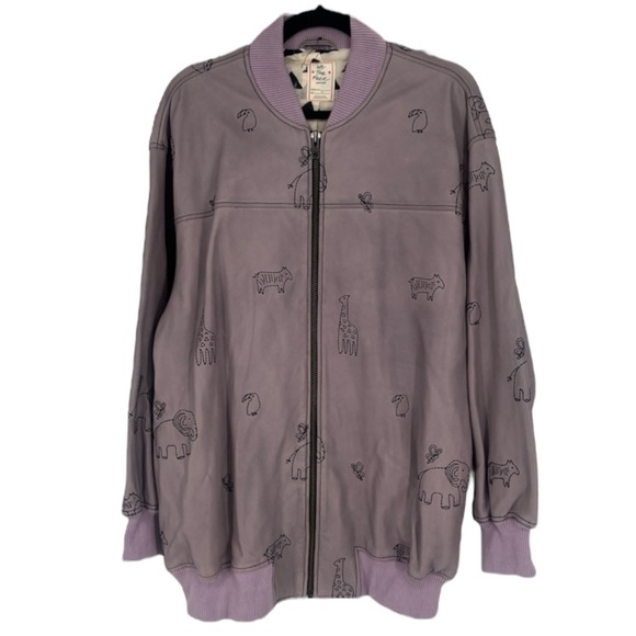 Free People Jackets & Blazers - Free People Purple Oversized Leather Animal Print Embroidered Bomber Jacket S